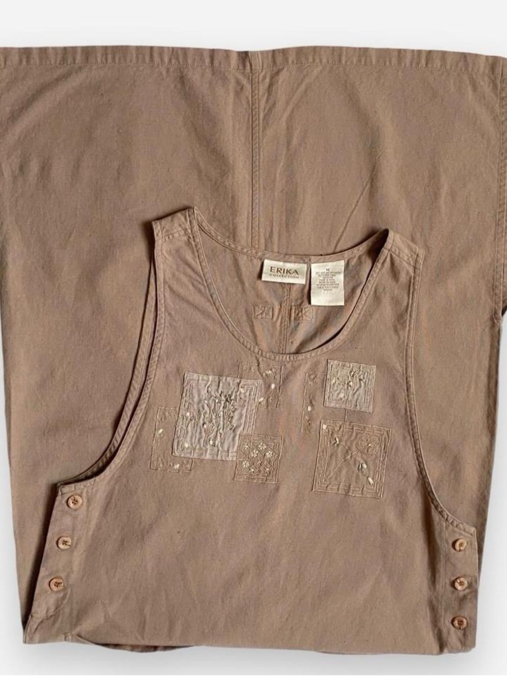 Vintage light brown cotton & linen sleeveless floral dress